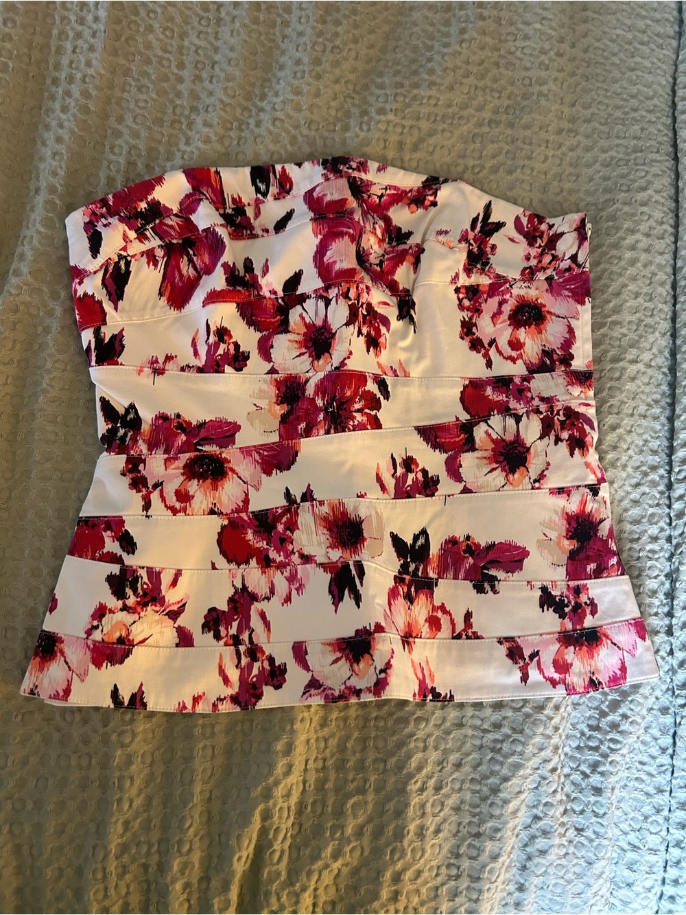 Strapless Floral Peplum Top - White with Pink & Black Flowers
